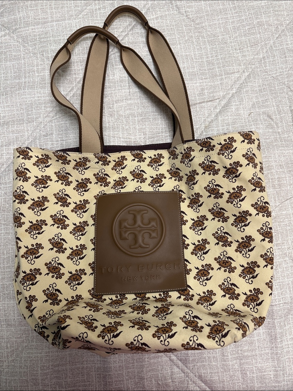 Tory Burch Cream and Brown Floral Canvas Tote with Logo Patch